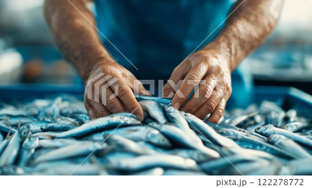 Hands of fisherman holding fish, 122278772