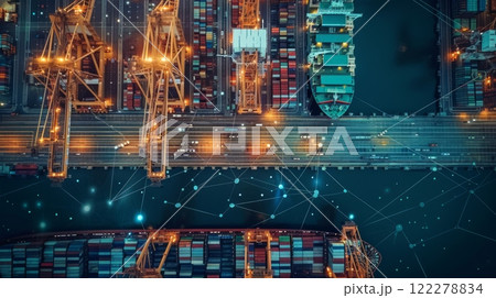 This Aerial View Showcases a Busy and Vibrant Container Port at Night, Highlighting Numerous Ships and Cranes in Action 122278834