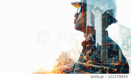Double Exposure Art A Construction Worker Silhouetted Against the Complex Backdrop of Urban Architecture 122278856