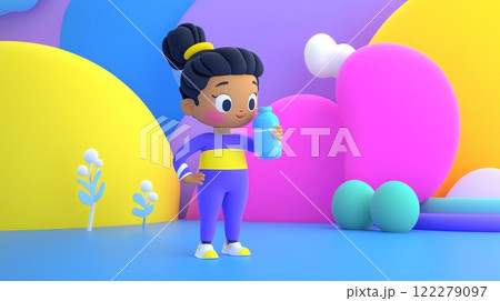 Woman Drinking Water Playful 3D cartoon style illustration. 122279097