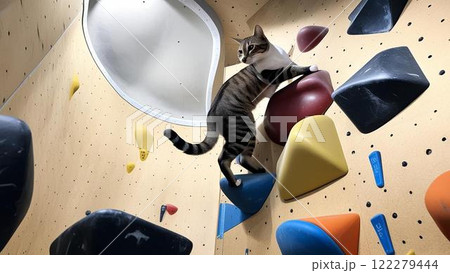 ボルダリングをしている猫 122279444