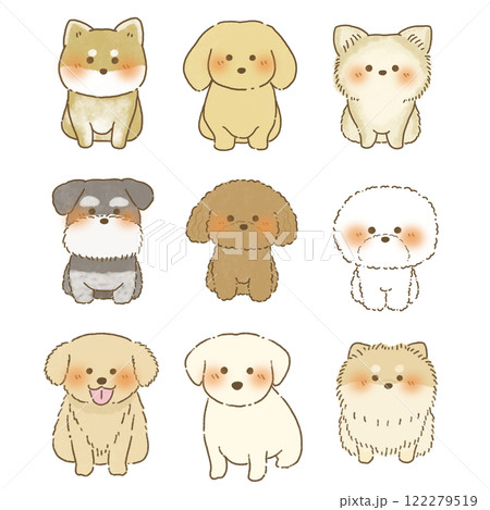 正面を向いてお座りをするいろいろな犬のイラストセット 122279519