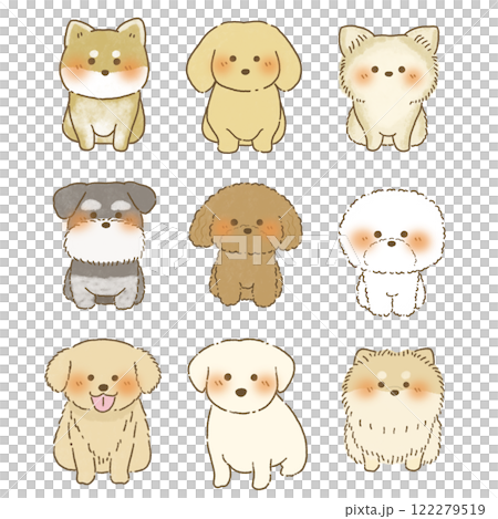正面を向いてお座りをするいろいろな犬のイラストセット 122279519