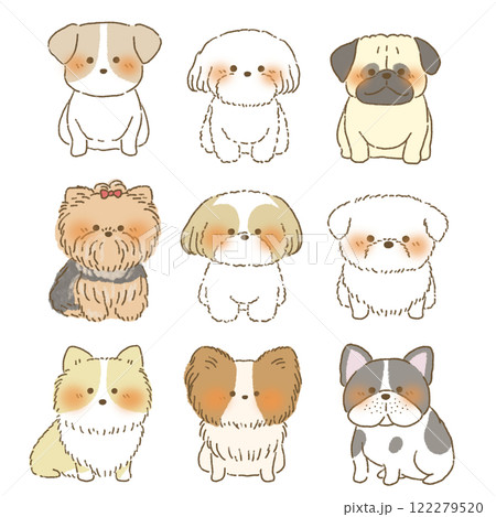 正面を向いてお座りをする色々な犬のイラストセット 122279520