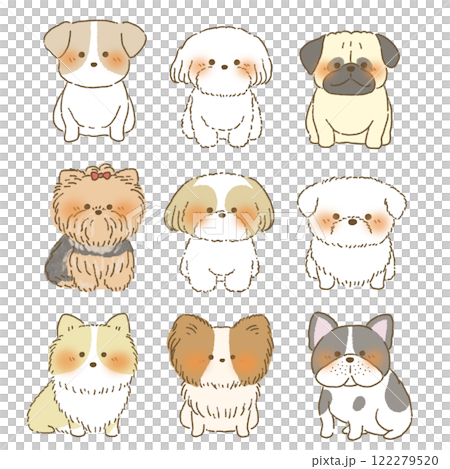 正面を向いてお座りをする色々な犬のイラストセット 122279520