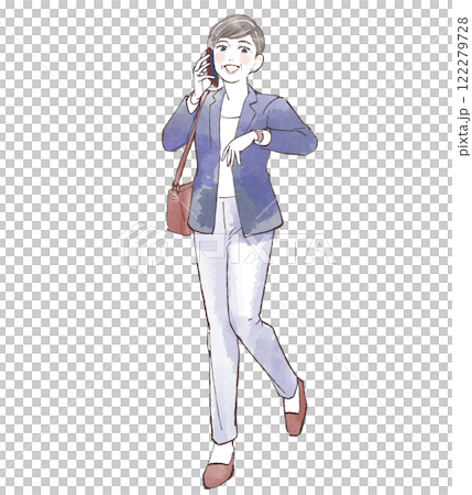 一位工作的中年婦女打電話的全身插圖 122279728