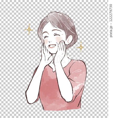 一個幸福的女人，手放在臉頰上 122279730