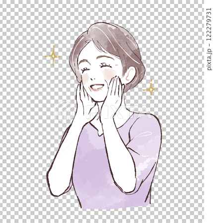 一個穿著紫色衣服的女人，手放在臉頰上很高興 122279731