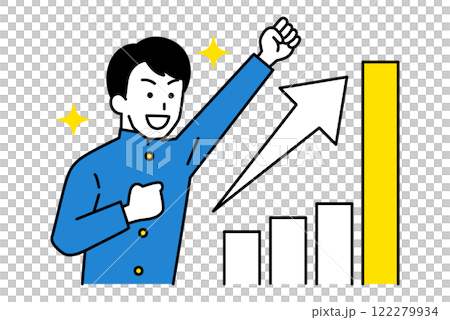 A male student who is happy with a growing graph and a fist pump A male student who is happy with a growing graph and a fist pump 122279934