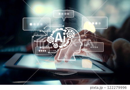 Human interact with AI artificial intelligence virtual assistant EIDE 122279996