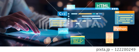 Software developer work with coding overlays of programming languages EIDE Software developer work with coding overlays of programming languages EIDE 122280249