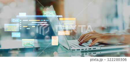 Software developer work with coding overlays of programming languages EIDE 122280306