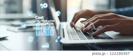 Cost reduction, cost saving concept shown by digital graphic EIDE overlays 122280307