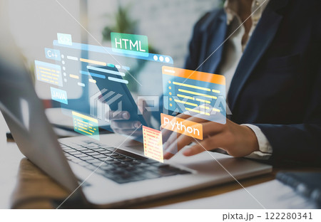 Software developer work with coding overlays of programming languages EIDE 122280341