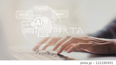Human interact with AI artificial intelligence virtual assistant EIDE 122280491
