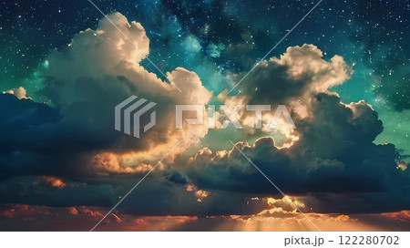 ゲーム背景　星空とカラフルな金色の光がある日の出の眩しい異世界の空	 122280702