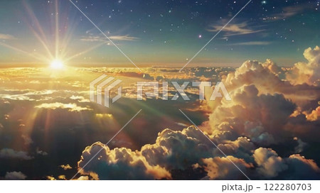ゲーム背景金色の光がある日の出の眩しい雲の上の空 122280703
