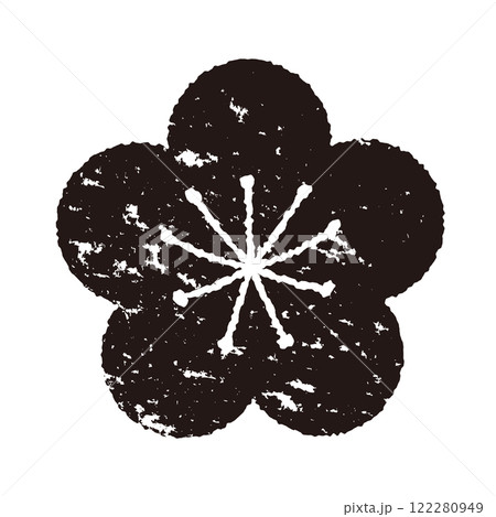 版画風の梅の花のイラスト　背景透過　白黒 122280949