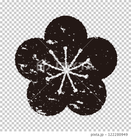版画風の梅の花のイラスト　背景透過　白黒 122280949