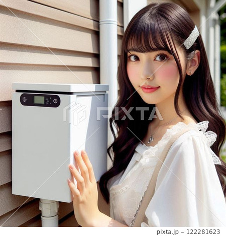 蓄電池に手を置く日本人女性 122281623