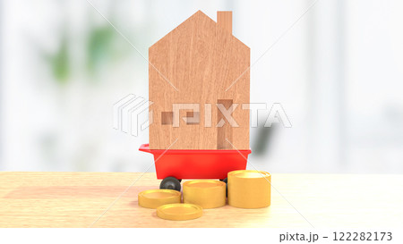 The Wood  House on red cart for Property or Building concept 3d Rendering. 122282173