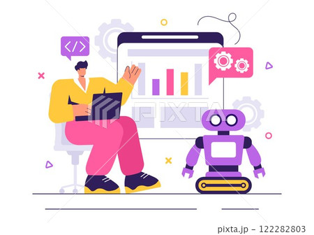 Robot Programming Vector Illustration Featuring an Artificial Intelligence Robot Interacting with a Digital Data Interface for Advanced Technology Robot Programming Vector Illustration Featuring an Artificial Intelligence Robot Interacting with a Digital Data Interface for Advanced Technology 122282803