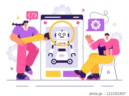 Robot Programming Vector Illustration Featuring an Artificial Intelligence Robot Interacting with a Digital Data Interface for Advanced Technology Robot Programming Vector Illustration Featuring an Artificial Intelligence Robot Interacting with a Digital Data Interface for Advanced Technology 122282807