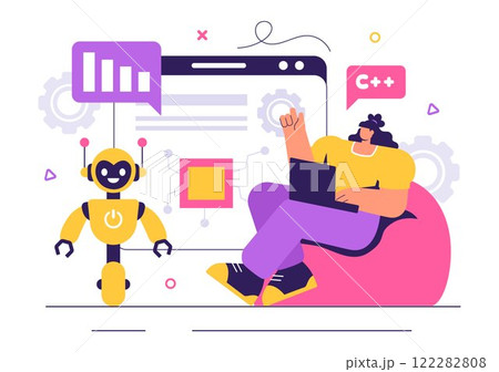 Robot Programming Vector Illustration Featuring an Artificial Intelligence Robot Interacting with a Digital Data Interface for Advanced Technology Robot Programming Vector Illustration Featuring an Artificial Intelligence Robot Interacting with a Digital Data Interface for Advanced Technology 122282808