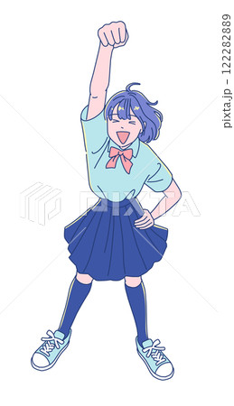 ジャンプして喜ぶアニメ調の女子学生 122282889