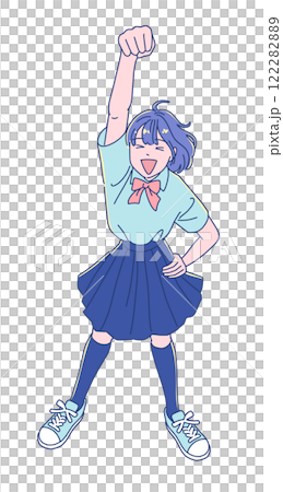 ジャンプして喜ぶアニメ調の女子学生 122282889