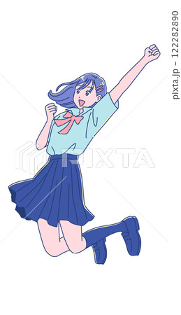 ジャンプして喜ぶアニメ調の女子学生 122282890