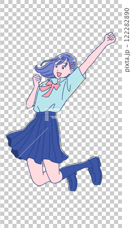ジャンプして喜ぶアニメ調の女子学生 122282890