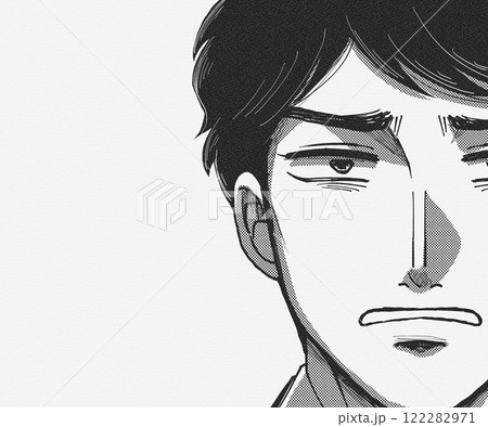 手描き白黒漫画イラスト・難しい顔をして考えている人 122282971