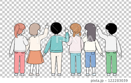 Elementary school students, boys and girls, consultation, simple back view illustration Elementary school students, boys and girls, consultation, simple back view illustration 122283039