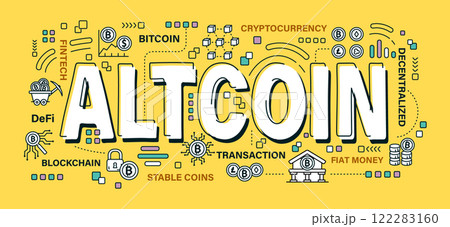 Altcoin . Word and outline icon on solid color background . Cryptocurrency concept . Vector . Editable stroke . 122283160