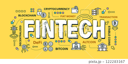 Fintech . Word and outline icon on solid color background . Cryptocurrency concept . Vector . Editable stroke . 122283167