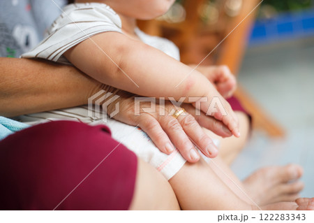 close up of child hand resting on adult hand, showcasing tender moment of connection and care. soft skin and gentle touch evoke warmth and affection close up of child hand resting on adult hand, showcasing tender moment of connection and care. soft skin and gentle touch evoke warmth and affection 122283343