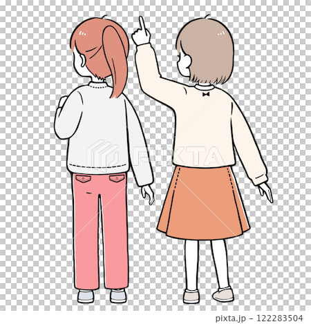 Elementary school girls consulting with each other Simple illustration of a back view 122283504