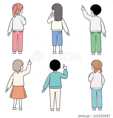 小学生 男女の後ろ姿 シンプルなタッチのイラストセット 小学生 男女の後ろ姿 シンプルなタッチのイラストセット 122283687