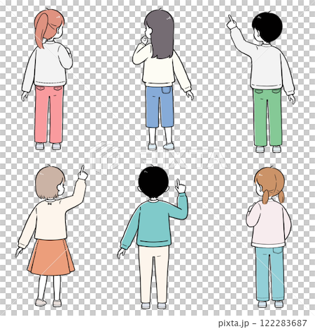 Elementary school students, boys and girls, back view, simple touch illustration set 122283687