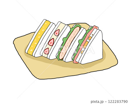敷物の上に並んだ4種のサンドイッチのイラスト 122283790