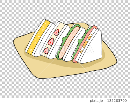 敷物の上に並んだ4種のサンドイッチのイラスト 122283790