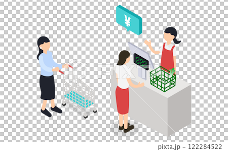 Isometric illustration of a woman and a store clerk lining up at the supermarket checkout counter 122284522