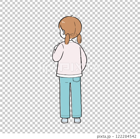 Elementary school student, girl worried about her back view, simple touch illustration 122284542