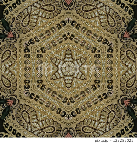 Pakistani ethnic lace texture. Geometric stripe ornament cover photo. Traditional mystic background design. Turkish fashion for floor tiles and carpet. Repeated pattern design for Indian textile print 122285023