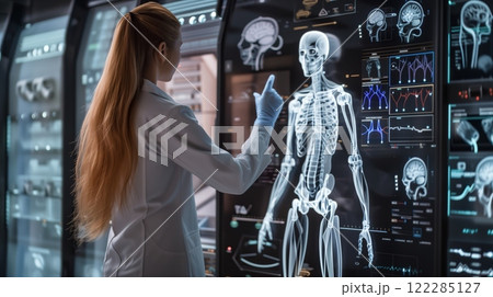 Female scientist with futuristic human skeleton, focusing on biotechnology and innovation in lab 122285127