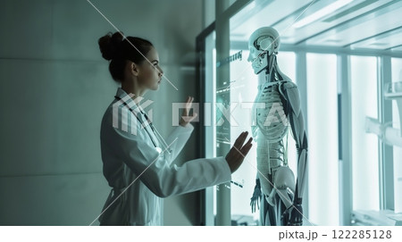 A Medical Professional is Conducting Experiments on Advanced Robotics in a Futuristic Laboratory 122285128