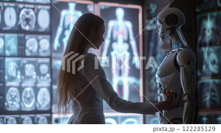 Futuristic Medical Examination Interaction between Humans and Robots in a High Tech Laboratory 122285129