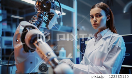 A female scientist is conducting research on advanced robotics in a laboratory setting 122285130