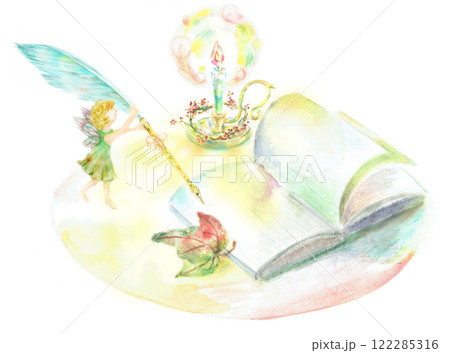 羽根ペンを持つ妖精　水彩画 122285316